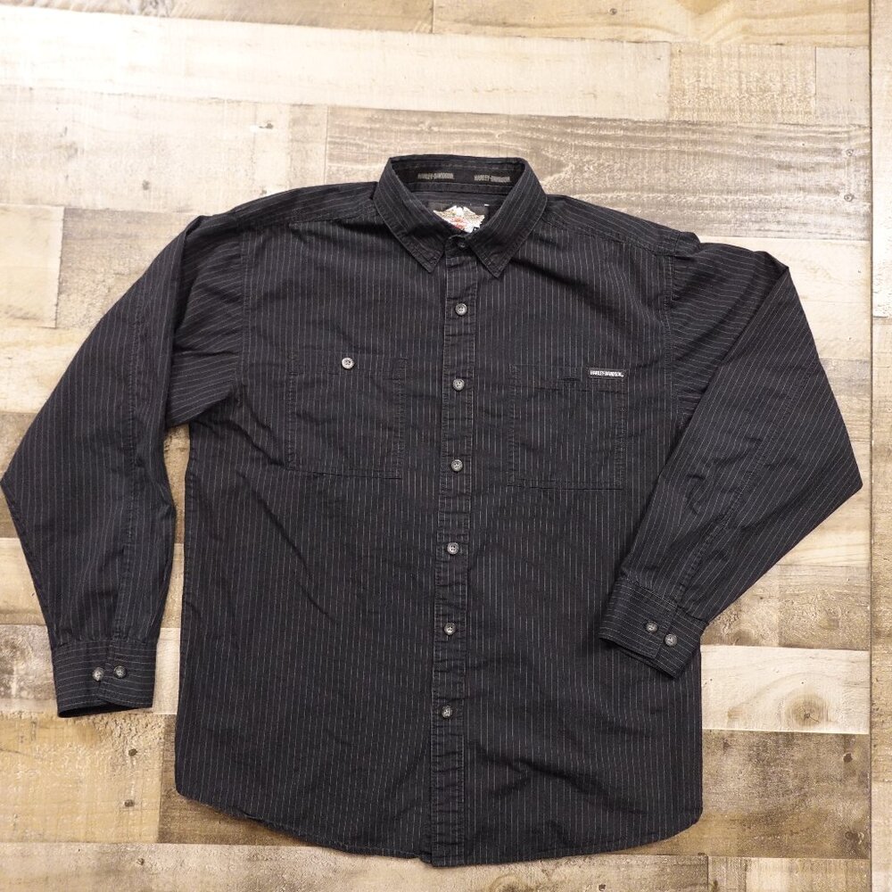 Harley-Davidson Pinstripe‎ Button-Up Shirt Men’s Large Black Eagle Graphic 2008